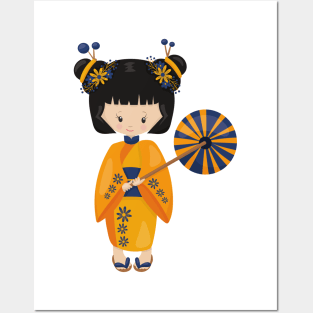 Japanese Girl, Japan, Cute Girl, Orange Kimono Posters and Art